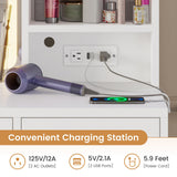 BTHFST White Vanity Desk with Touch Screen Mirror and Lights, Large Makeup Vanity with RGB Light Cabinets & Charging Station, 6 Drawers, 5 Jewelry Hooks, Vanity Table with Lighted Mirror BTHFST