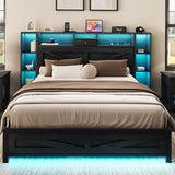 Siihnon Full Size Bed Frame with Bookcase Headboard and Bedside Storage, Black Farmhouse Full Bed Frame with Charging Station and LED Lights, Heavy Duty Metal Slats, Noiseless, No Box Spring Needed Siihnon