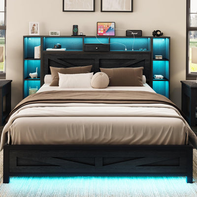 Siihnon Full Size Bed Frame with Bookcase Headboard and Bedside Storage, Black Farmhouse Full Bed Frame with Charging Station and LED Lights, Heavy Duty Metal Slats, Noiseless, No Box Spring Needed
