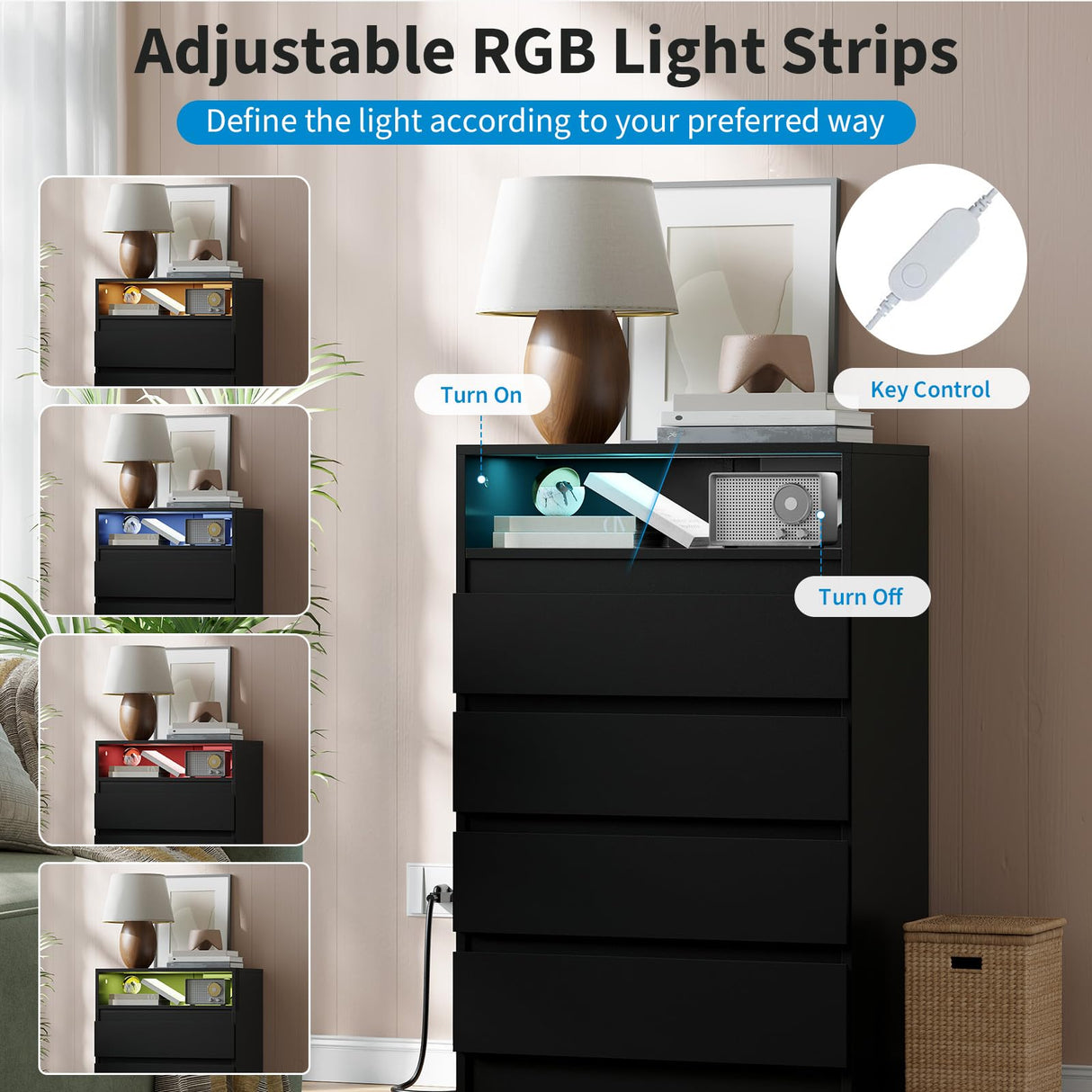 MilleLoom 4 Drawer Dresser with Charging Station and LED Lights, Modern Chest of Drawers with Power Outlet, Organizer Cabinet for Bedroom, Living Room, Entryway, Black MilleLoom