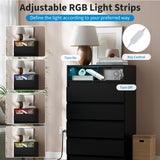 MilleLoom 4 Drawer Dresser with Charging Station and LED Lights, Modern Chest of Drawers with Power Outlet, Organizer Cabinet for Bedroom, Living Room, Entryway, Black MilleLoom