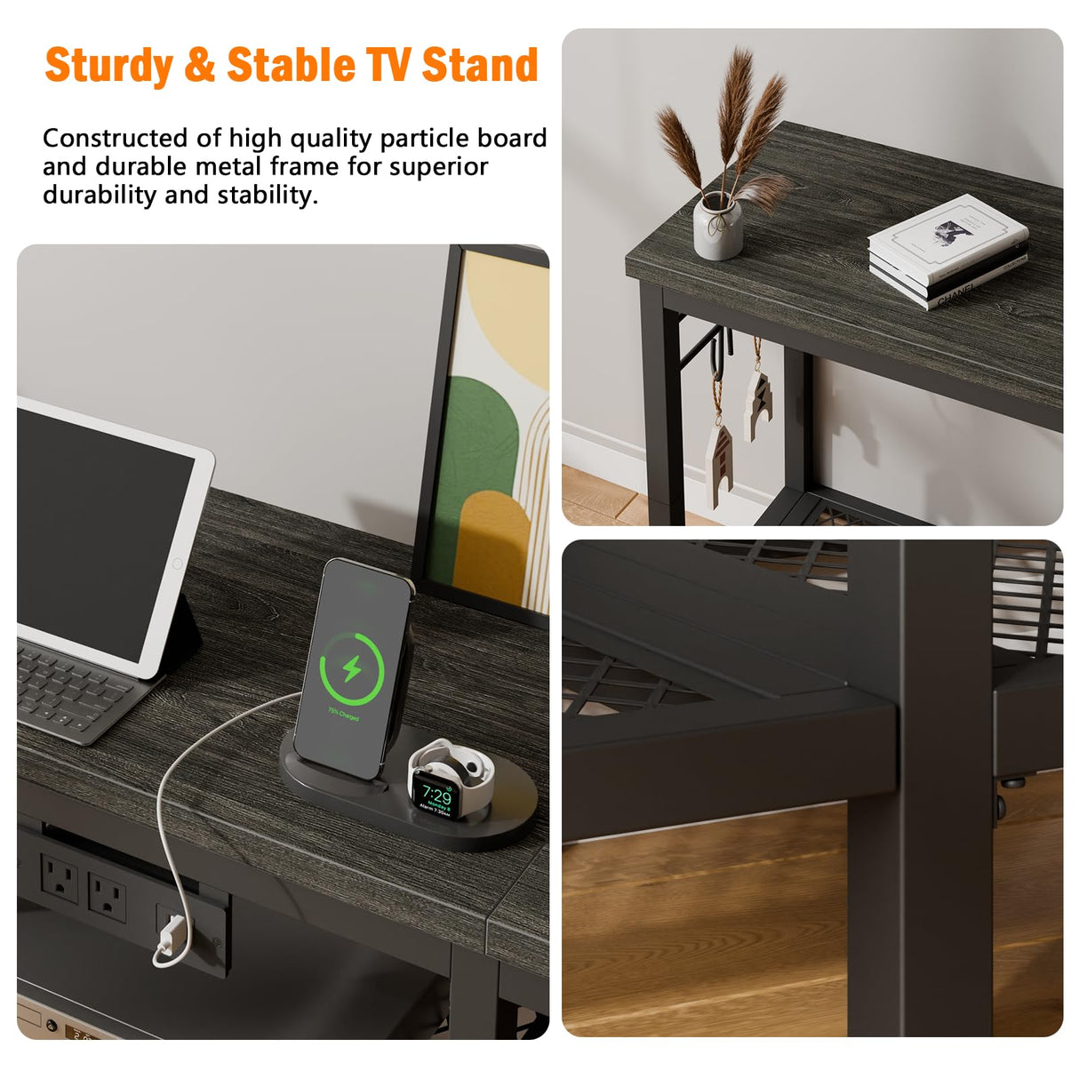 Furologee TV Stand with Power Outlets, Entertainment Center with Open Storage Shelves for TVs up to 55 Inch, TV Media Console Table with Soundbar Shelf for Living Room, Bedroom, Black Oak Furologee