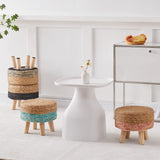 Wimarsbon Round Foot Stool Natural Seagrass Poufs Ottoman Hand Weave Footrest Stool for Couch Desk Extra Seat Step Stool with Solid Wood Legs for Hallway Patio Lounge Blue Wimarsbon