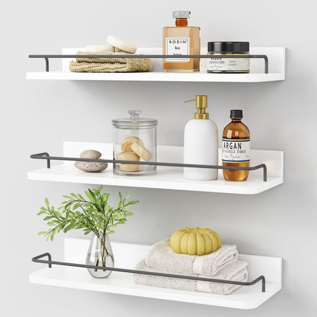 Forbena White Floating Shelves Bathroom Shelves Over Toilet Set of 3, Bathroom Organizers and Storage Shelves Wall Mounted, Modern Wood Corner Wall Shelf for Bedroom Closet -White and Dark Grey Forbena