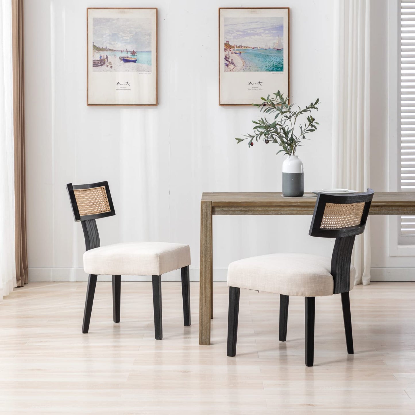 CIMOO Mid Century Modern Dining Chairs Set of 2 Linen Upholstered Dining Chairs Farmhouse Dining Room Chairs with Rattan Back Wood Legs, Beige and Black - WoodArtSupply