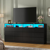 Gyfimoie 63" Wide 6-Drawer Black Dresser with Divided Compartments, Charging Station & LED Lights, TV Stand for TVs up to 75", Large Organizer with 4 Open Cubbies Gyfimoie