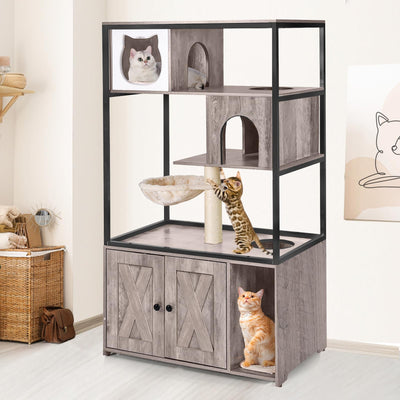 Cat Litter Box Enclosure,Hidden Litter Box Furniture with Metal Frame,Wooden Kitty House with Barn Door,Wooden Cat Washroom Furniture,Fit Most of Litter Box (Grey, M)