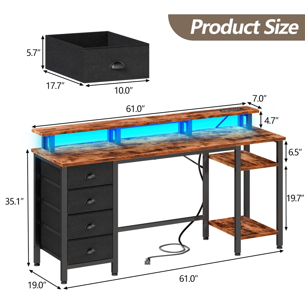 Furologee 61 Inch Desk with 4 Drawers, Computer Desk with Power Outlets and LED Lights, Office Desk with Long Monitor Stand, Large Gaming Desk with Shelf for Home Office/Bedroom/Brown Furologee