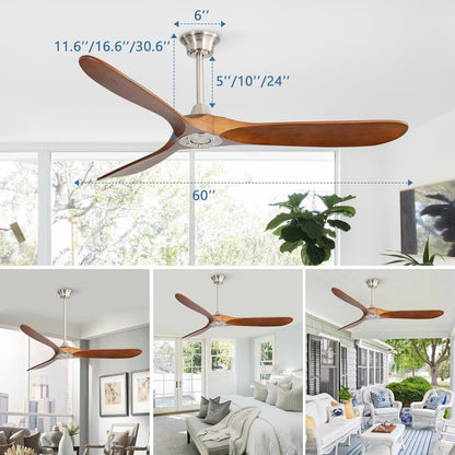 CACI Mall 60 inch 3 blade wood ceiling fan no Light, Solid, Quiet, Reversible DC Motor, Outdoor, Indoor Ceiling Fan for Living Room, Patio, Bedroom, Porch, Farmhouse