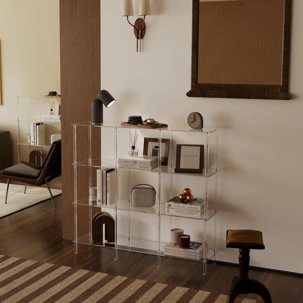 4-Tier Acrylic Horizontal Bookshelf, Clear 9 Cube Open Bookcase, Modern Book Shelf for Living Room, Bedroom, Office, 11.8" D x 47.2" W x 38.6" H, Easy Assembly CRTERICX