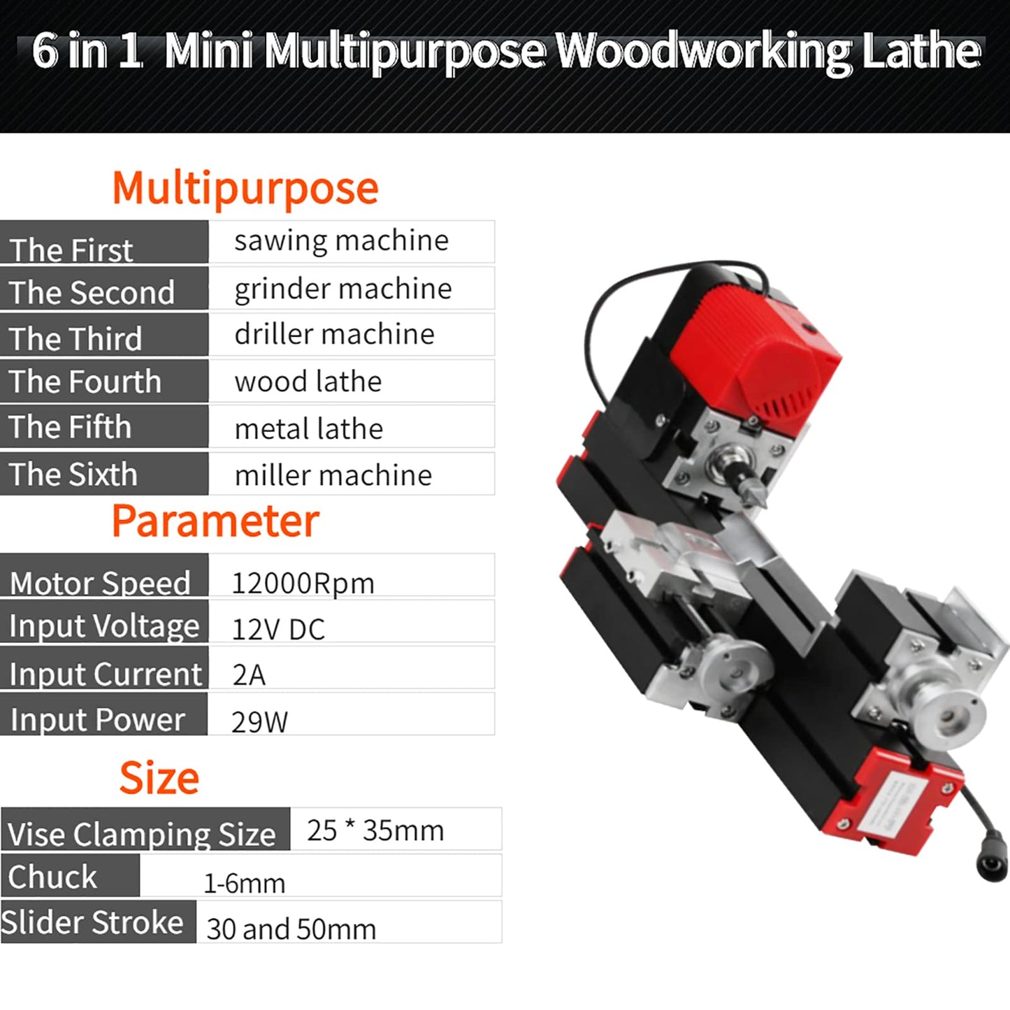 12000RPM 6 in 1Multipurpose Mini Lathe,Versatile Metal Lathe Tool, Motorized Jigsaw Grinder Wood Metal Lathe,Assembled 6 Kinds of Different Lathes,Process Soft,Non - Ferrous,Precious Metals,Wood