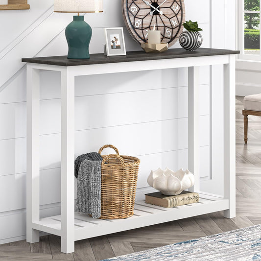 FOLUBAN Entryway Table, Farmhouse Narrow Console Table, Modern Wood Sofa Table for Living Room, Hallway, Behind Couch, Rustic White & Dark Gray - WoodArtSupply