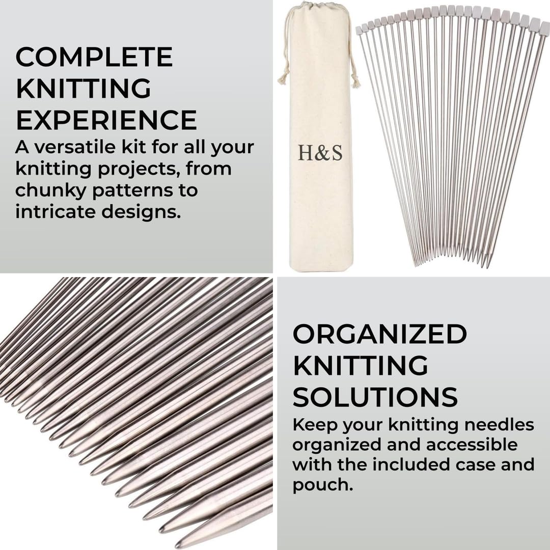 H&S Knitting Needles Set for Beginners Knitting Accessories - 11 Pairs of Stainless Steel Knitting Needles with Firm Grip Handle - Single Pointed Needle Set with Pouch for Easy Storage H&S