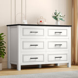 DWVO Farmhouse Wooden Dresser TV Stand with Power Outlet, 6-Drawer Dresser with Large Storage Drawers and Bar Handles, Ideal for Living Room, Hallway, 47.2" L x 15.7" W x 33.4" H - White & Black DWVO