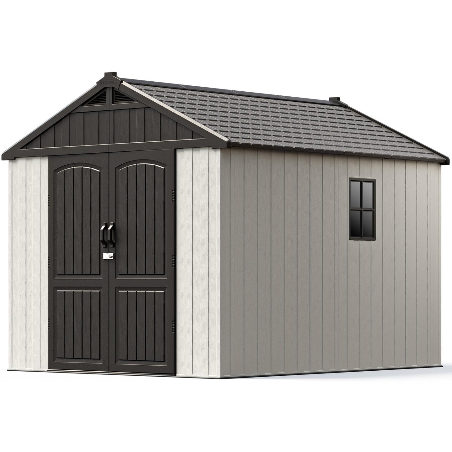 Patiowell 8 x 10 FT Resin Outdoor Storage Shed with Floor, Plastic Shed with Window and Lockable Door for Garden, Backyard, Tool Storage Use, Easy to Install in Beige (Kick-it Shed) - WoodArtSupply