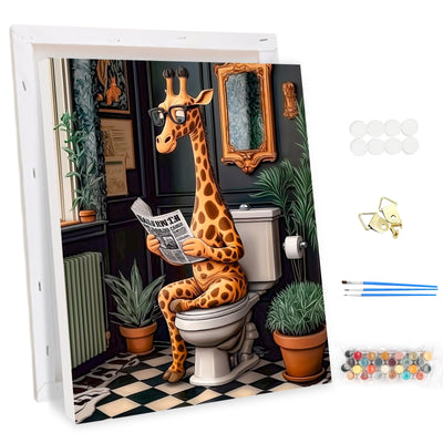 EOBROMD Framed Paint by Numbers Kits for Adults Cute Giraffe in The Toilet, DIY Kits Crafts for Beginner, Painting on Stretched Canvas, Oil Paint by Numbers for Home Decor Gift 12x16inch