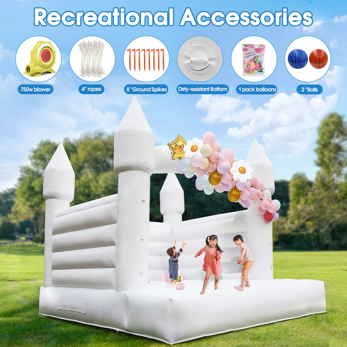 13FT *11FT*10FT White Bounce House Indoor & Outdoor, 2IN1 PVC Large Jumper Inflatable Bouncy House Castle with Blower Easy to Set up for Wedding, Birthday Party Gift with 2 Balls & Balloon Jinrrenyi