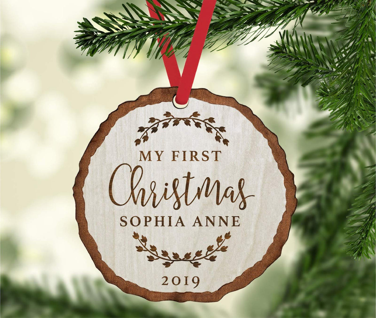 Andaz Press Personalized Baby 1st Christmas Real Wood Rustic Farmhouse Keepsake Christmas Ornament, Engraved Wood Slab, My First Christmas, Sophia Anne 2024, Rustic Laurel Leaves, 1-Pack Andaz Press