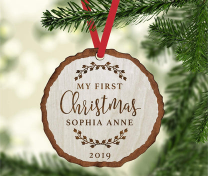 Andaz Press Personalized Baby 1st Christmas Real Wood Rustic Farmhouse Keepsake Christmas Ornament, Engraved Wood Slab, My First Christmas, Sophia Anne 2024, Rustic Laurel Leaves, 1-Pack - WoodArtSupply