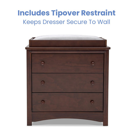 Delta Children Perry 3 Drawer Dresser with Changing Top and Interlocking Drawers, Walnut Espresso Delta Children