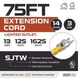 Iron Forge Cable Lighted Outdoor Extension Cord 75 ft - 14 Gauge 13 Amp Heavy Duty Power Extension Cords - SJTW - Great for Major Appliances, Power Tools, Garden Supplies - Yellow IRON FORGE CABLE