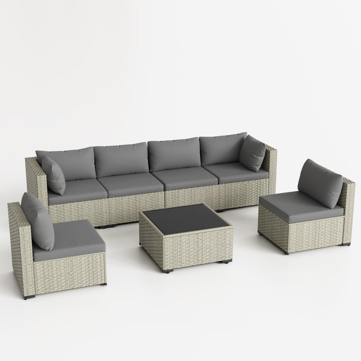 VONZOY Patio Furniture Set, 7-Piece Outdoor Sectional All-Weather Wicker Patio Conversation Set for Backyard (Grey Cushions with Grey Rattan) VONZOY