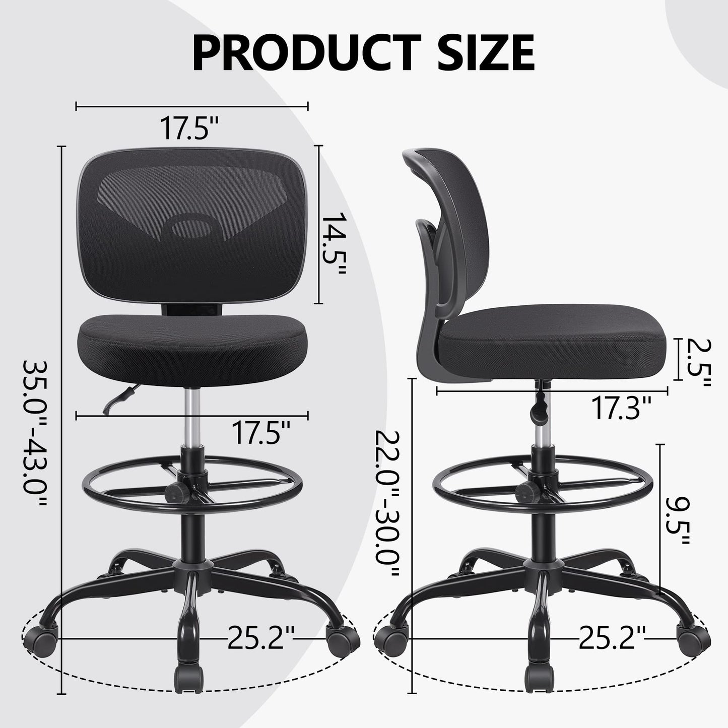 Primy Office Drafting Chair Armless, Tall Office Desk Chair Adjustable Height and Footring, Mid-Back Ergonomic Standing Desk Chair Mesh Rolling Tall Chair for Art Room, Office or Home(Black)