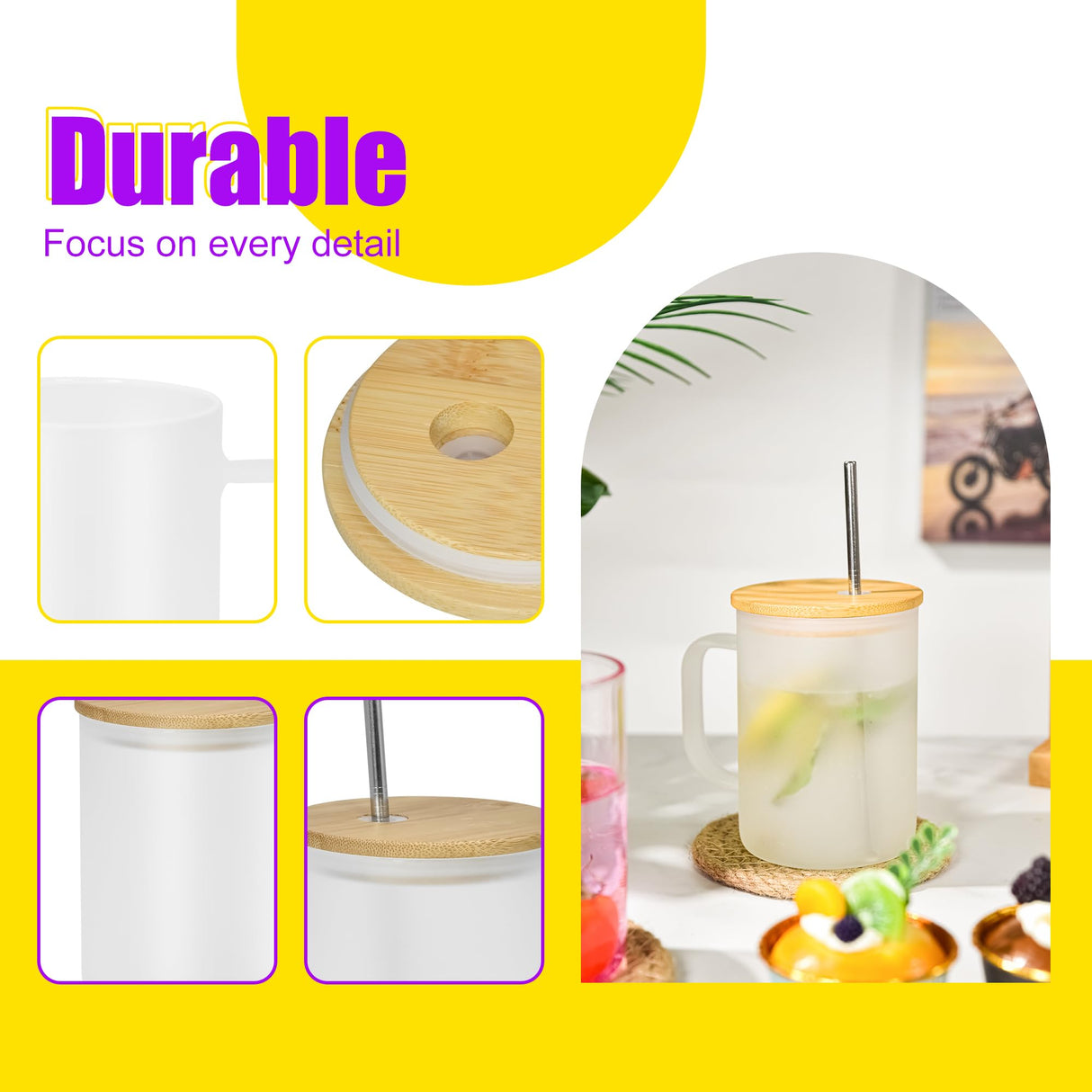 AGH 6 Pack Sublimation Glass Cups with Handles, 16oz Frosted Sublimation Blanks with Bamboo Lid and Stainless Steel Straw, Sublimation Mugs Tumbler AGH