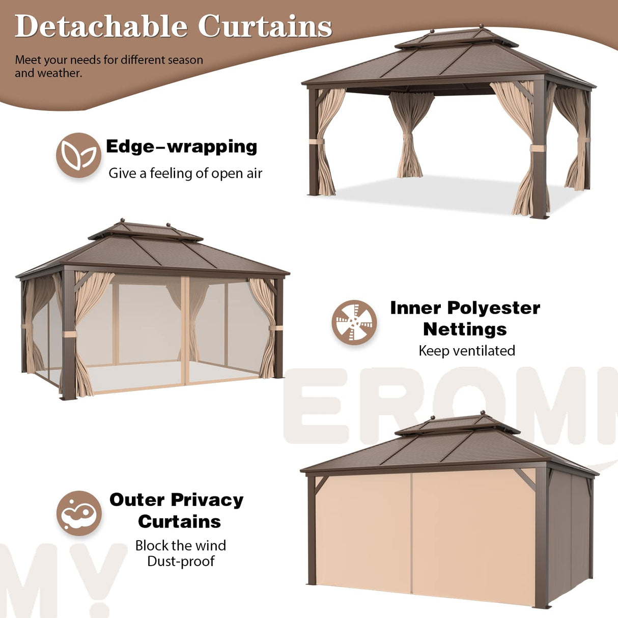 EROMMY 10' x 13' Hardtop Gazebo Double Roof Galvanized Steel Canopy Outdoor Aluminum Frame Permanent Metal Pavilion with Netting and Curtains for Patio Backyard Deck and Lawns EROMMY
