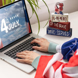 CroBlissful 4 Pcs Memorial Day Decorations Patriotic Tiered Tray Decorations 4th of July Table Sign Farmhouse Red White Blue Rustic Wood Block Stack Sign for Home Shelf Mantel(Ribbon) CroBlissful