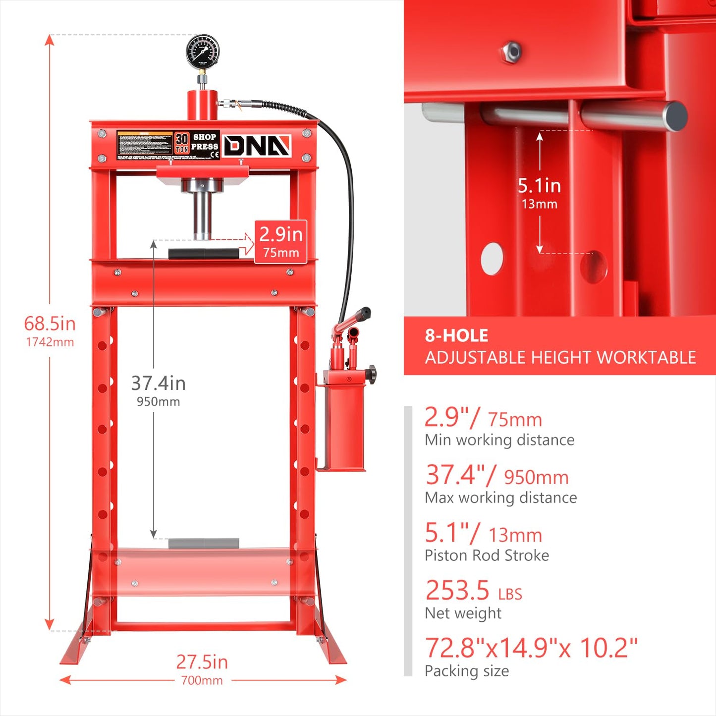 DNA MOTORING 30 Ton Manual Hydraulic Shop Press with Plates, H-Frame Garage Floor Press, 30T / 66139lbs, Adjustable Height, TOOLS-00291