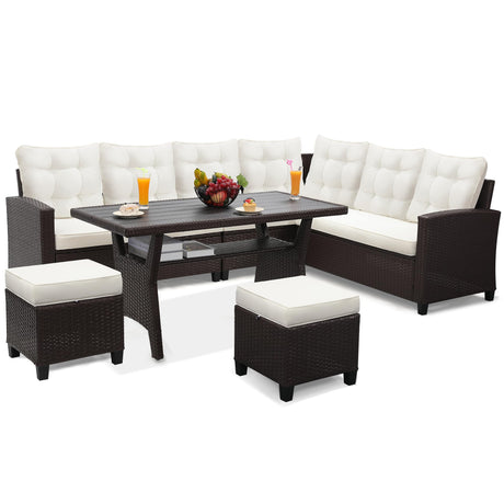 KROFEM 6-Piece Outdoor Patio Furniture Set - Sectional Sofa, Dining Table & Chairs Included, All-Weather Dining Set with Ottoman, Brown Wicker and White Cushions KROFEM