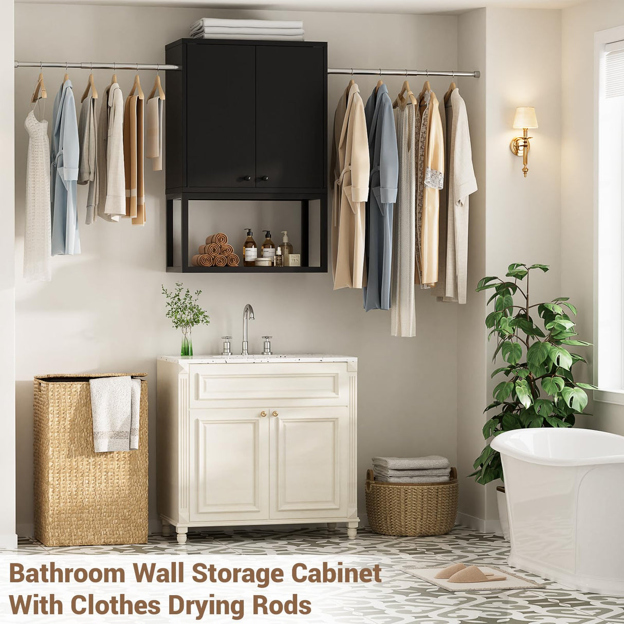 Homieasy Wall Cabinet with 2 Hanging Rods, 67'' Wide Laundry Wall Cabinet with 2 Doors, Open Rack & Adjustable Inner Shelf, Storage Cabinet Wall Mounted for Laundry & Bathroom, Black Homieasy