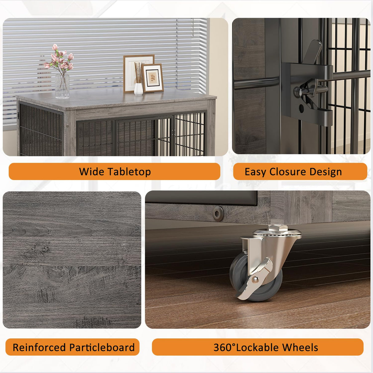 PRETZI Dog Crate Furniture with Cushion,38" Wooden Dog Crate nightstand with Double Doors, Grey Dog Kennel Indoor with Wheels, Decorative Pet Dog House for Small Medium Large Dog PRETZI