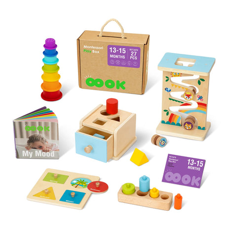 OOOK Montessori Toys for 1 Year Old, 6 in 1 Wooden Educational Toys for 1 Year Old with Cylinder Block, Ball Drop, Nesting Cups, Sorting Drop Box and More. Perfect Montessori Gift for 12-18 Months. OOOK