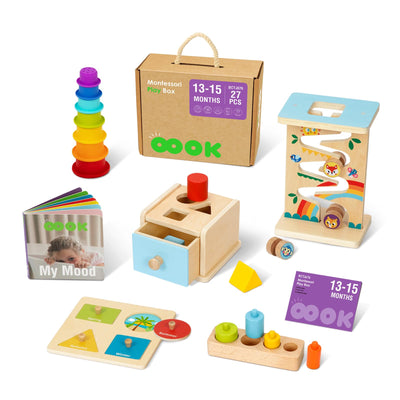 OOOK Montessori Toys for 1 Year Old, 6 in 1 Wooden Educational Toys for 1 Year Old with Cylinder Block, Ball Drop, Nesting Cups, Sorting Drop Box and More. Perfect Montessori Gift for 12-18 Months.