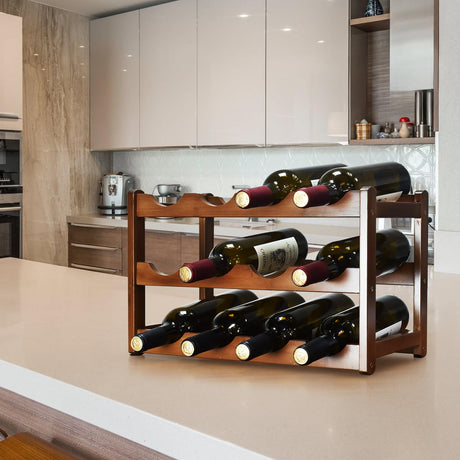 IWNTWY Wine Rack, 12 Bottles 3-Tier Free Standing Wine Racks, Bamboo Wine Rack Countertop Holder Storage Shelf for Kitchen Cabinet Dining Room Bar (Brown) IWNTWY