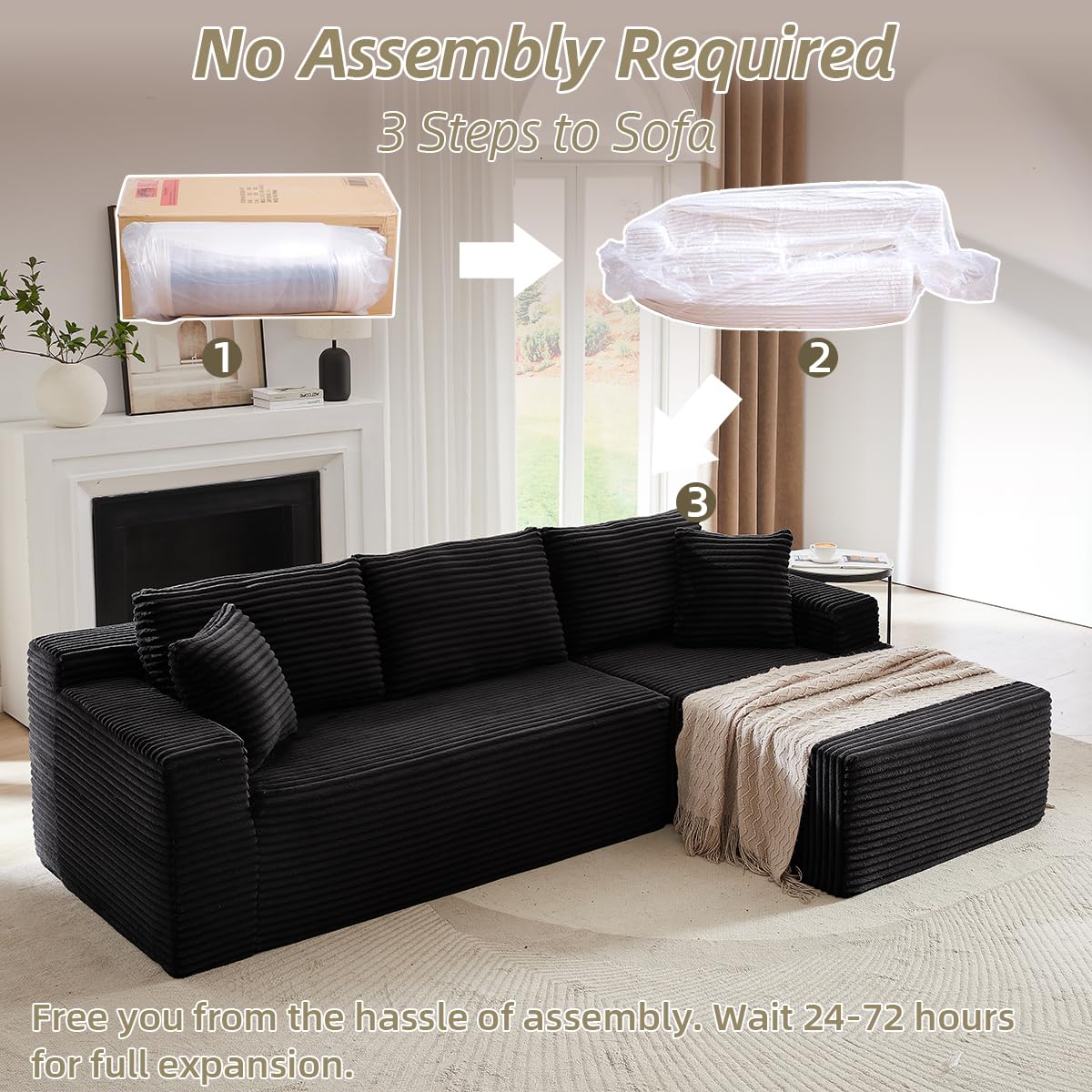 104 Inch Cloud Sectional Couch with L-Shape Chaise,Modern Upholstered Couches with Deep Seat,Corduroy Sponge Compressed Sofa for Living Room, Bedroom,No Assembly Required(Black) ZKJOLMN