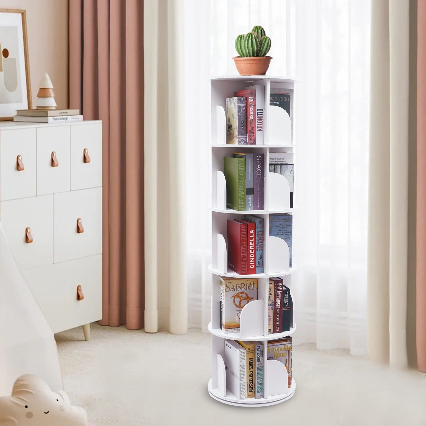 5-Tier 360° Rotating Corner Bookshelf by HAPPCUCOE - Contemporary White Floor Standing Organizer for Home and Office - WoodArtSupply