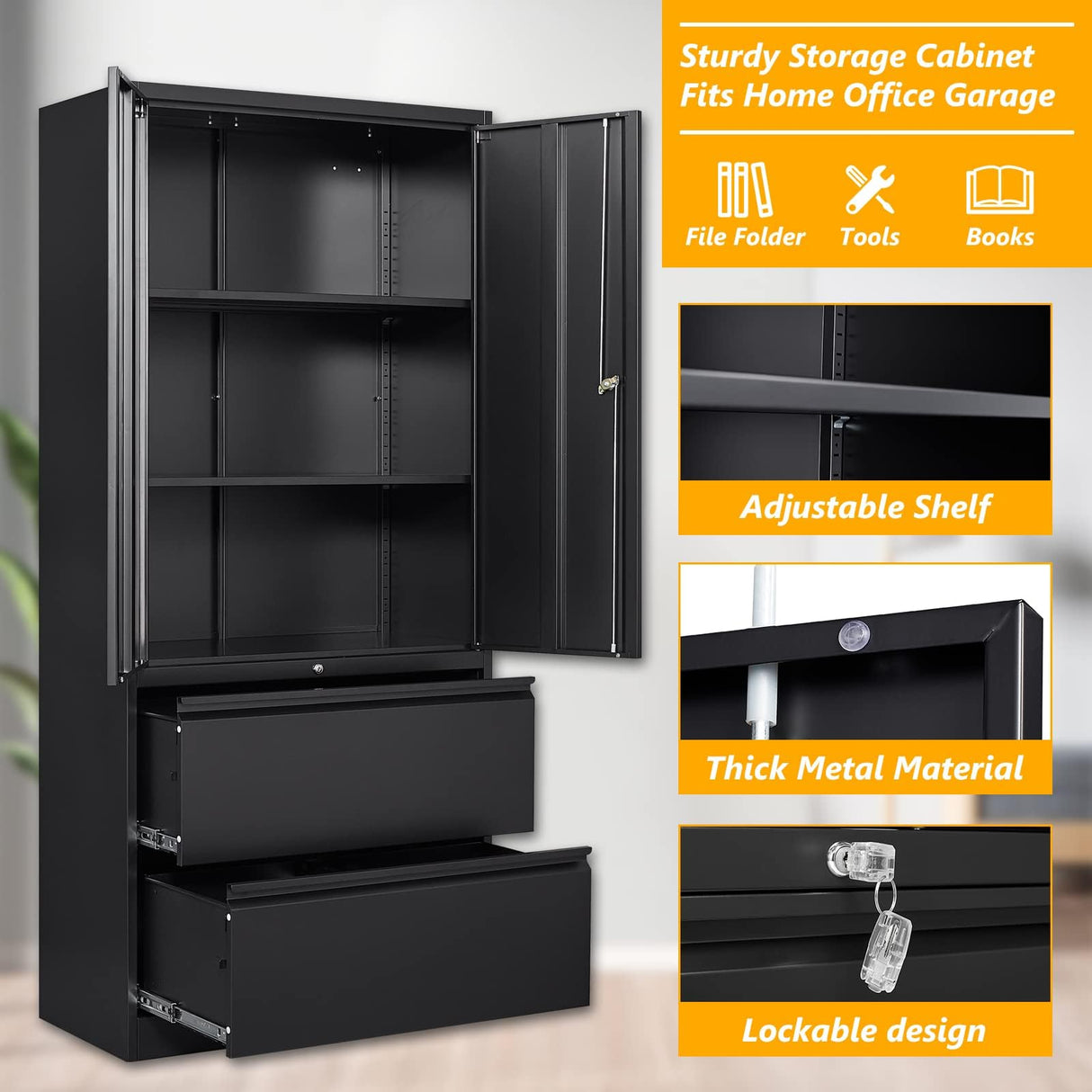 STANI 2 Drawer Lateral File Cabinet - Metal Storage Cabinet with Locking Drawers for Letter/A4 Size Files (Black) STANI