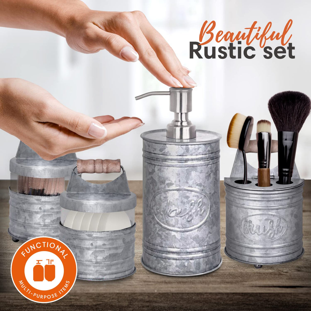 Autumn Alley Rustic Bathroom Accessories Set 4 - Galvanized Soap Dispenser, Rustic Toothbrush Holder, 2 Apothecary Jars Qtip Holder - Rustic Bathroom Decor – Farmhouse Bathroom Accessories Autumn Alley