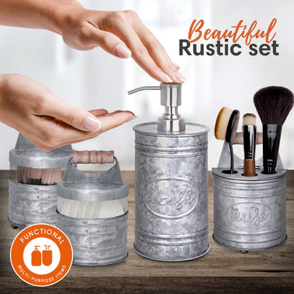 Autumn Alley Rustic Bathroom Accessories Set 4 - Galvanized Soap Dispenser, Rustic Toothbrush Holder, 2 Apothecary Jars Qtip Holder - Rustic Bathroom Decor – Farmhouse Bathroom Accessories