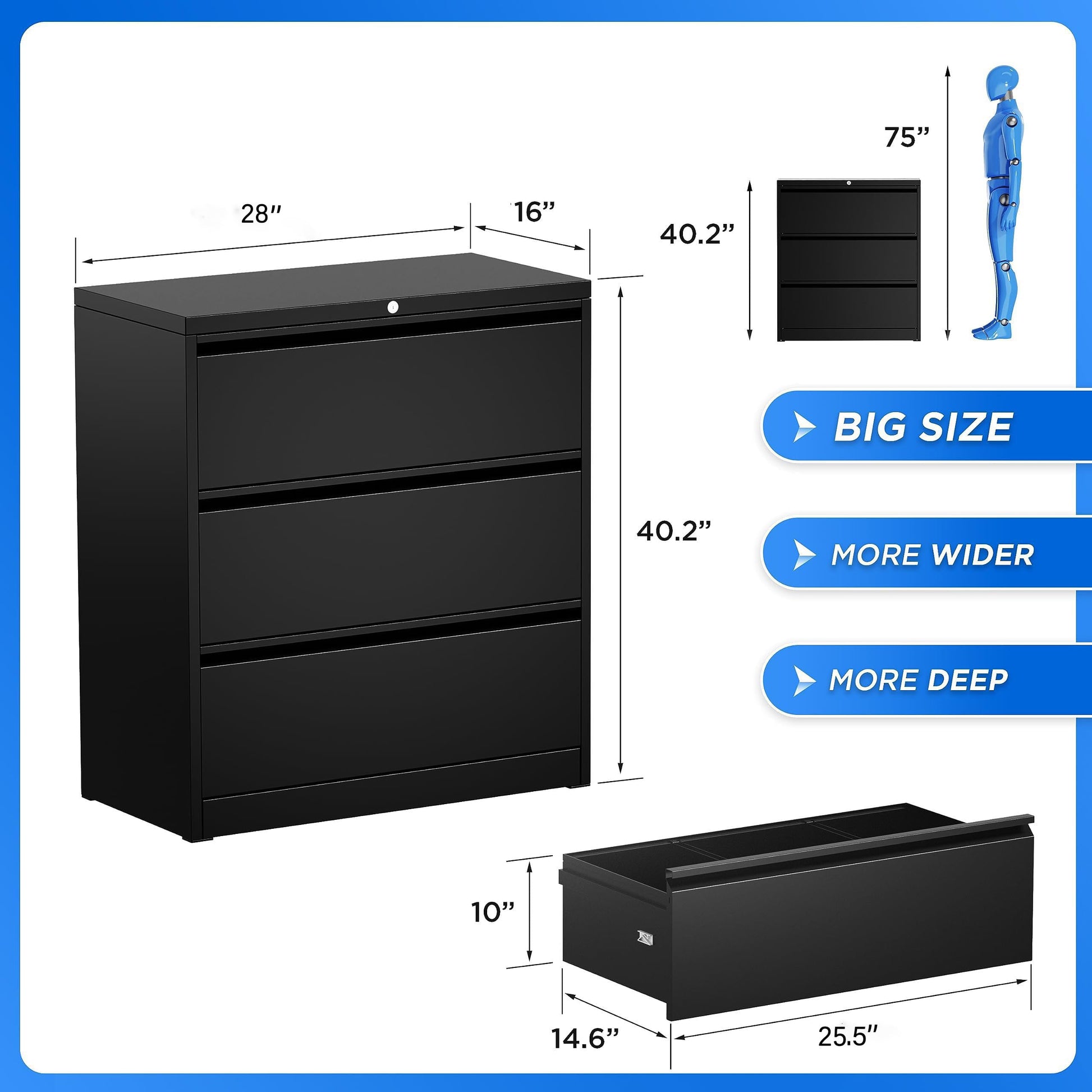 Greenvelly 3 Drawer Lateral File Cabinet, Black Metal Lateral Filing Cabinet with Lock, Lockable Home Office Cabinet with Locking Drawers, 2 Keys for Legal and Letter Size - WoodArtSupply