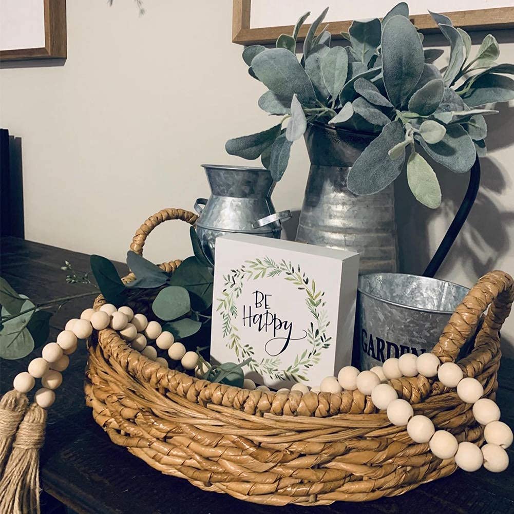 LJY&V Wood Bead Garland with Jute Tassels, 32 inches Farmhouse Beads Tassels for Home Curtain Wall Hanging Rustic Country, Natural Cute Wooden Bead Tassels Prayer (2Pcs), Beige LJY