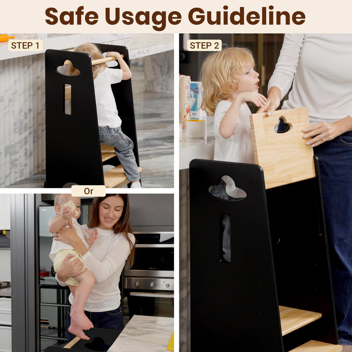 COSYLAND Toddler Standing Tower Adjustable Height - Super Stable Toddler Kitchen Stool Helper - 3 Levels Adjustable Wooden Toddler Kitchen Stool (Natural & Black) COSYLAND