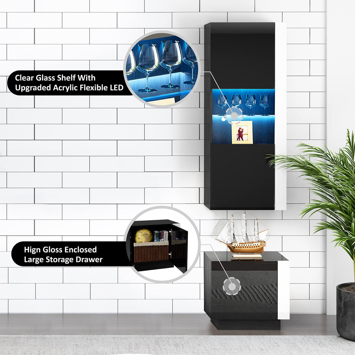 AMERLIFE Wall Unit Entertainment Center with Fireplace and Bookshelves, Includes 70" 2-Tier Fireplace TV Stand, 2 x Wall Cabinets & 2 x End Tables, Modern LED Lights TV Console for Living Room, Black AMERLIFE