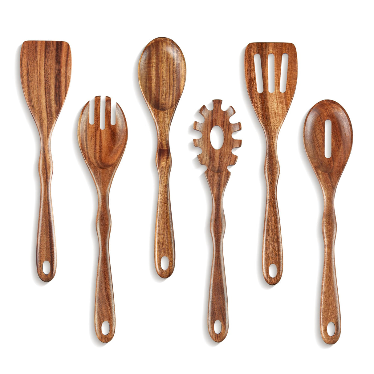 KARRYOUNG Acacia Wood Spoons for Cooking Set of 6, Wooden Cooking Utensil Set, Wooden Spatula, Slotted & Pasta Spoon, Solid Wood Cooking Spoons KARRYOUNG