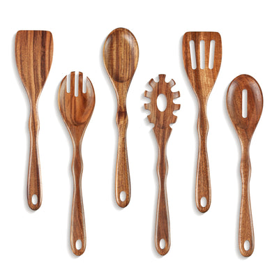 KARRYOUNG Acacia Wood Spoons for Cooking Set of 6, Wooden Cooking Utensil Set, Wooden Spatula, Slotted & Pasta Spoon, Solid Wood Cooking Spoons