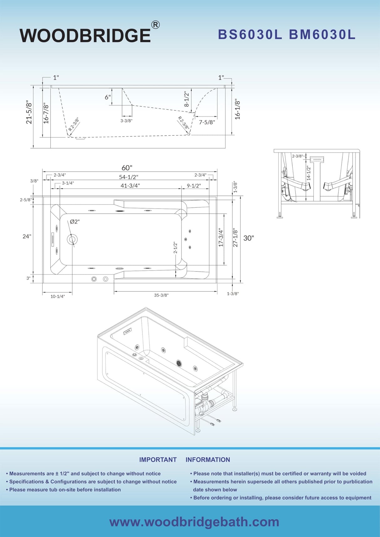 WOODBRIDGE 60" Alcove Acrylic Rectangular Whirlpool Heated Jetted Tub in White with Left Drain, Matte Black pop-up Drain Included BM6030L WOODBRIDGE