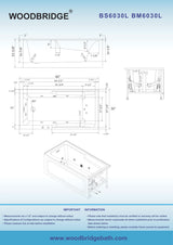 WOODBRIDGE 60" Alcove Acrylic Rectangular Whirlpool Heated Jetted Tub in White with Left Drain, Matte Black pop-up Drain Included BM6030L WOODBRIDGE